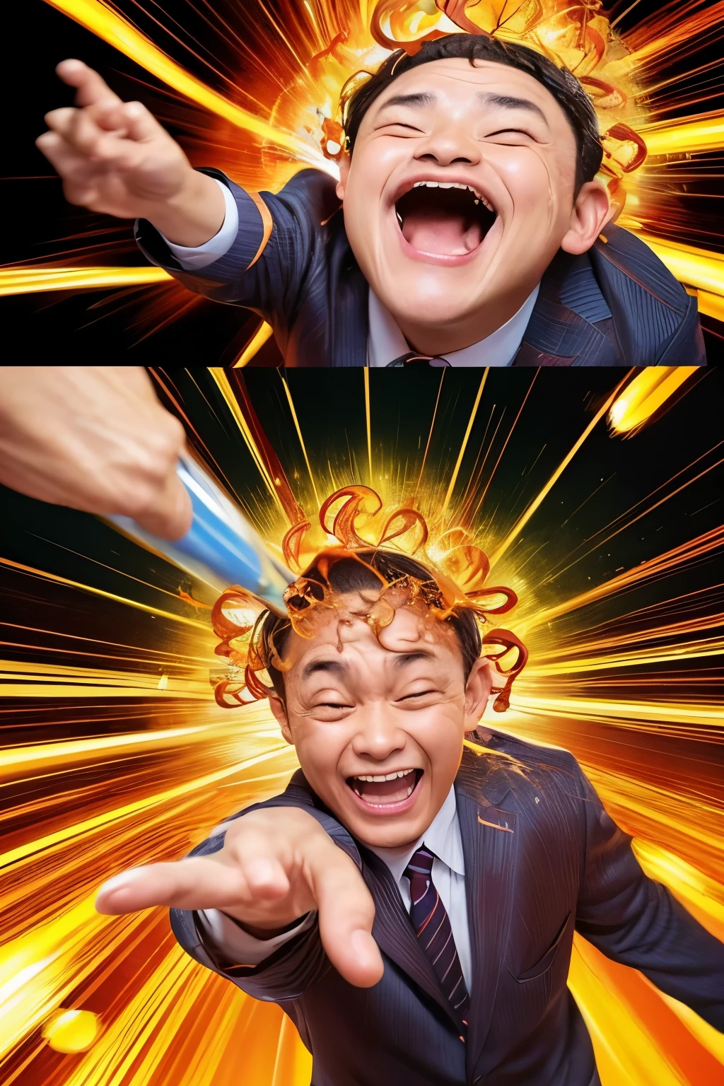 A middle-aged man trading FX。I got excited by the high-leverage entry and my brain was releasing endorphins.、Draw an image of someone getting super high。head、The image is of endorphins flowing out of the brain in a liquid form, with brain juice overflowing violently and shooting up into the air.。Please draw it very excitingly。