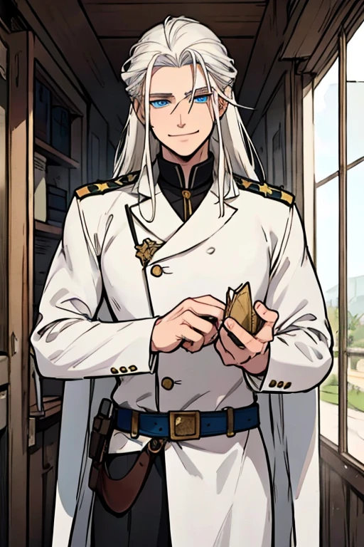 Perfect face. Perfect hands. A young white haired man with blue eyes and long hair in a white sheriff's uniform is exploring an outlaw's hideout with a big smile