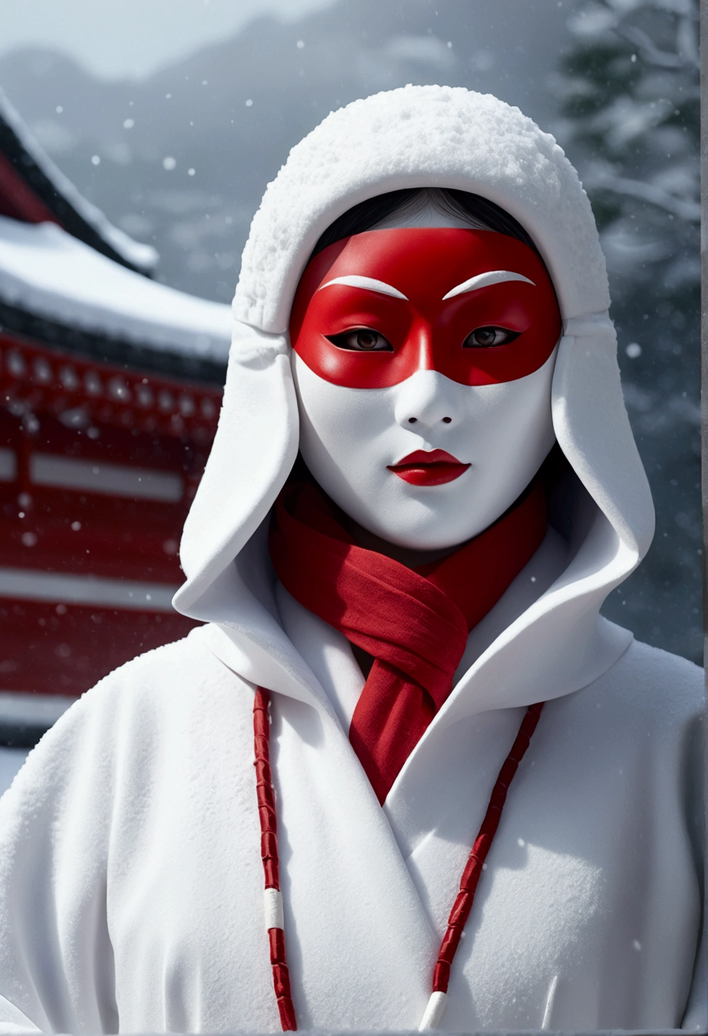 Japanese mythology, Make a Snow Woman, Red Mask, Long Nose,  8k, Ultra-realism, Cinematic, White coat, Doctor, Background snow