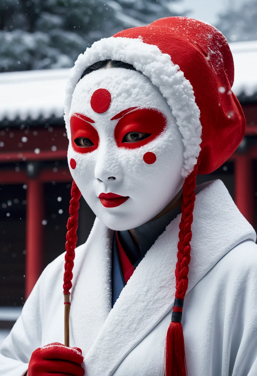 Japanese mythology, Make a Snow Woman, Red Mask, Long Nose,  8k, Ultra-realism, Cinematic, White coat, Doctor, Background snow