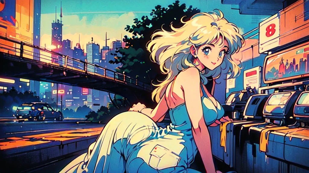 (80's, retro, city pop poster:1.5), (album cover), (masterpiece, best quality), (anime, illustration),
best photo pose, dynamic angle, cowboy shot, blonde Russian girl, 19 years old, Large breast, Wide hips, Bubbly ass, Round buttocks,
girl, solo, smile, perfect detail eyes, delicate face, blue eyes,
high fashion,