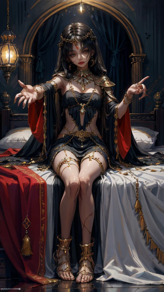 sick girl,Beautiful Middle Eastern folk costumes, 5 years old,girl sitting on bed in dark room,long bangs that cover the eyes,Long,A dark-haired,deadpan,jewellery,outside of house,hair adornments,Pendants,jewely,Full body painting,gypsy,Brown-skinned,Open both legs,reaching out her hand,,