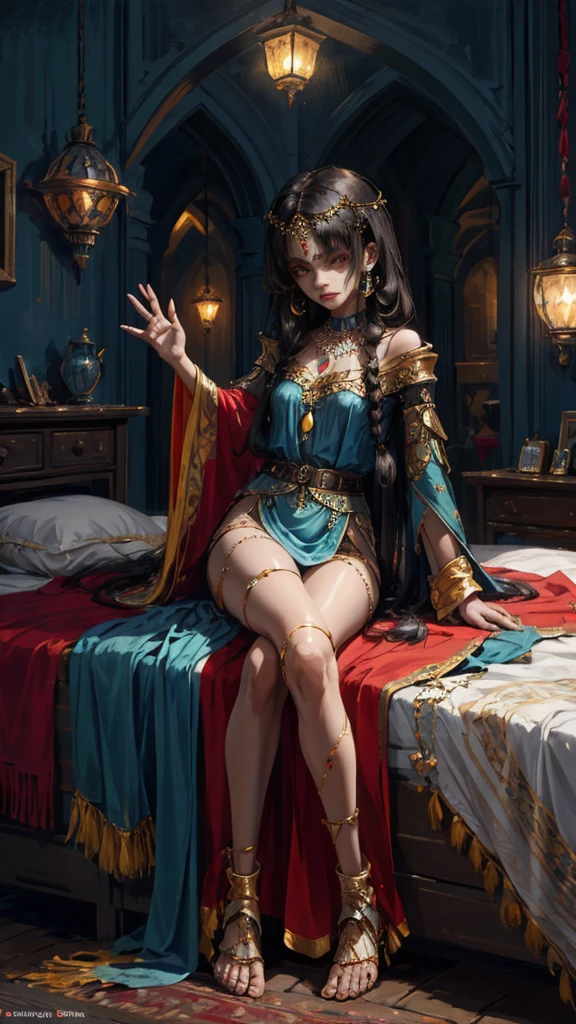 sick girl,Beautiful Middle Eastern folk costumes, 5 years old,girl sitting on bed in dark room,long bangs that cover the eyes,Long,A dark-haired,deadpan,jewellery,outside of house,hair adornments,Pendants,jewely,Full body painting,gypsy,Brown-skinned,Open both legs,reaching out her hand,,