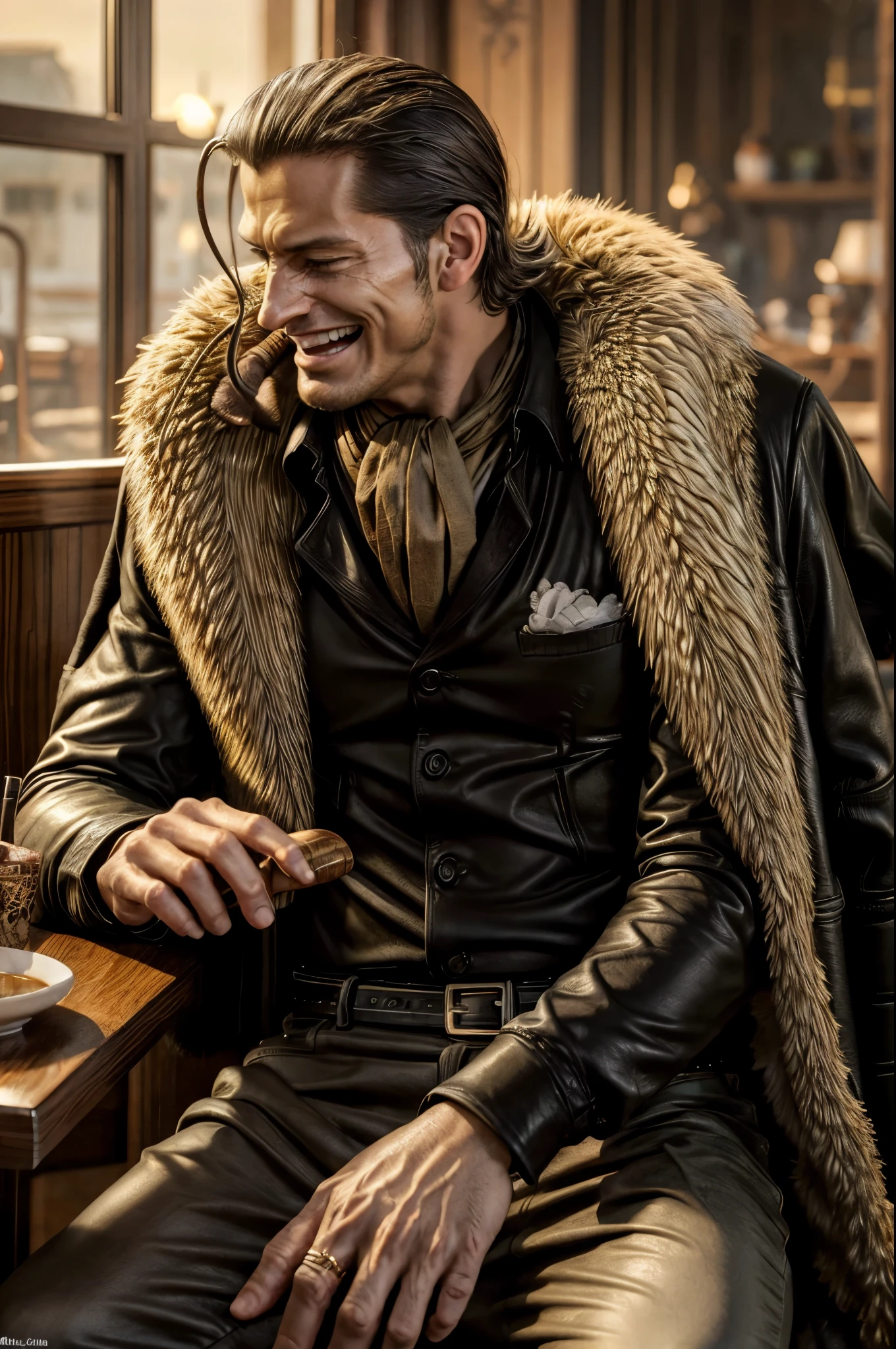 masterpiece, best quality, extremely detailed, hyperrealistic, photorealistic, a cool 40s man, ultra detailed face:1.2, fur-trimmed coat, scarf around the neck, his left hand is a golden pirate hook:1.1, cigar, wide shot, in luxurious cafe, sitting at table with a coffee cup:1.2, perfect hands, perfect fingers, laughing, dynamic angle