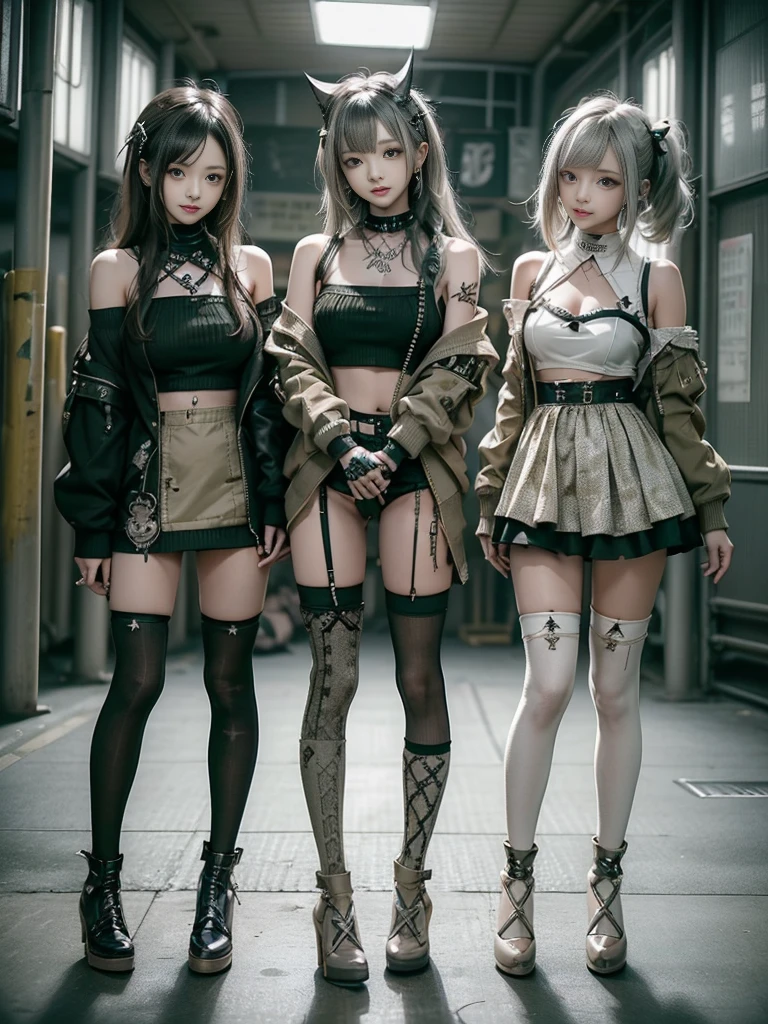 (Three Girls, 3 girls:1.5)、(Full Body View:1.2)、(Smiling with teeth showing:1.3),(Shibuya Gal:1.5)、(Beautiful gravure model:1.5)、(Neo-goth fashion:1.5)、(Punk RockVisual Kei:1.5)、(An off-the-shoulder hoodie in olive and beige colors, adorned with delicate silver accessories.:1.5)、(Beige and white corset with delicate design:1.4)、(Olive and white snakeskin bodysuit:1.5)、(head band:1.3)、(Beige and olive knee socks:1.4)、Embellished collar and long boots、(I'm selling snake print underwear.:1.4)、(Long eyelashes:1.3)、(20-year-old)、((Highest quality、8k、masterpiece:1.3))、Slim and beautiful abs:1.3、(hairstyle casual、Beautiful boobs:1.1)、(Doing an aerobics pose:1.3)、dress:1.1、Super small face、Narrow eyes、double eyelid、A sloppy smile、Esbian all over body、Dynamic Angle、Close-up、CPL Filter、Blurred Background、Bokeh、Blue Hour、Detailed face and skin texture、Detailed eyes、,(Twin tails:1.3)、(Black brown hair:1.3)、Gravure idol、(The background is a bright and glamorous fashion show stage.:1.3)、(Make your legs thinner:1.4)、(Slim Body:1.3)、(clavicle:1.1)