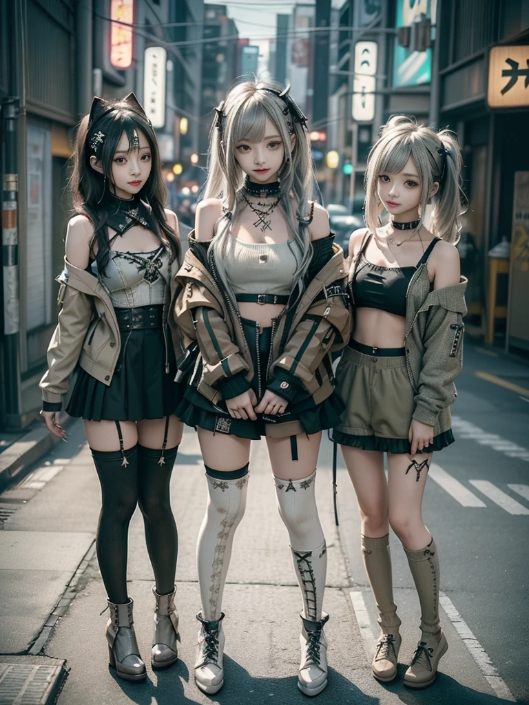 (Three Girls, 3 girls:1.5)、(Full Body View:1.2)、(Smiling with teeth showing:1.3),(Shibuya Gal:1.5)、(Beautiful gravure model:1.5)、(Neo-goth fashion:1.5)、(Punk RockVisual Kei:1.5)、(An off-the-shoulder hoodie in olive and beige colors, adorned with delicate silver accessories.:1.5)、(Beige and white corset with delicate design:1.4)、(Olive and white snakeskin bodysuit:1.5)、(head band:1.3)、(Beige and olive knee socks:1.4)、Embellished collar and long boots、(I'm selling snake print underwear.:1.4)、(Long eyelashes:1.3)、(20-year-old)、((Highest quality、8k、masterpiece:1.3))、Slim and beautiful abs:1.3、(hairstyle casual、Beautiful boobs:1.1)、(Doing an aerobics pose:1.3)、dress:1.1、Super small face、Narrow eyes、double eyelid、A sloppy smile、Esbian all over body、Dynamic Angle、Close-up、CPL Filter、Blurred Background、Bokeh、Blue Hour、Detailed face and skin texture、Detailed eyes、,(Twin tails:1.3)、(Black brown hair:1.3)、Gravure idol、(The background is a bright and glamorous fashion show stage.:1.3)、(Make your legs thinner:1.4)、(Slim Body:1.3)、(clavicle:1.1)