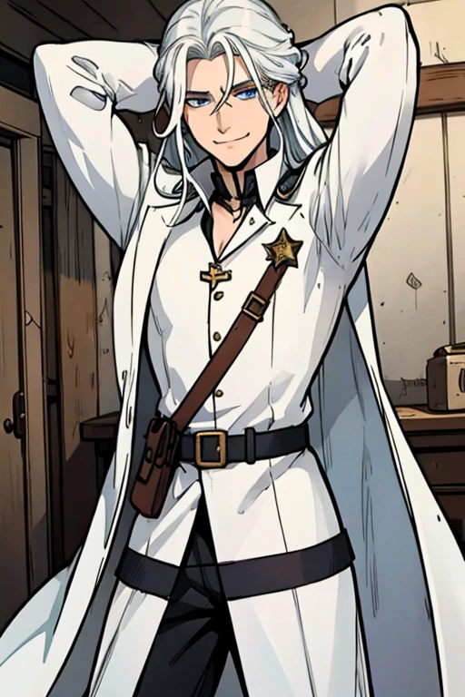 Perfect face. Perfect hands. A young white haired man with blue eyes and long hair in a white sheriff's uniform is exploring an outlaw's hideout with a big smile
