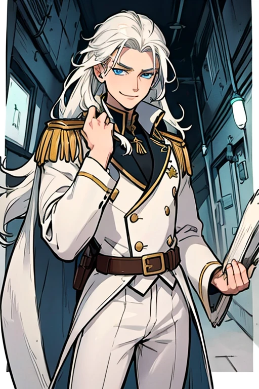Perfect face. Perfect hands. A young white haired man with blue eyes and long hair in a white sheriff's uniform is exploring an outlaw's hideout with a big smile
