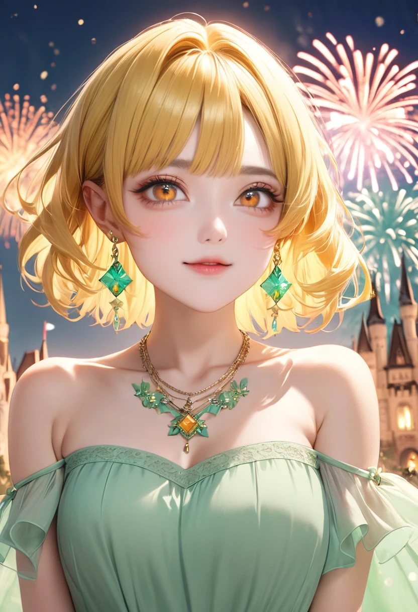 1 female Short yellow hair and ribbon Yellow eyebrows Orange eyes society Pastel green long dress Castle and fireworks Earrings and matching necklace