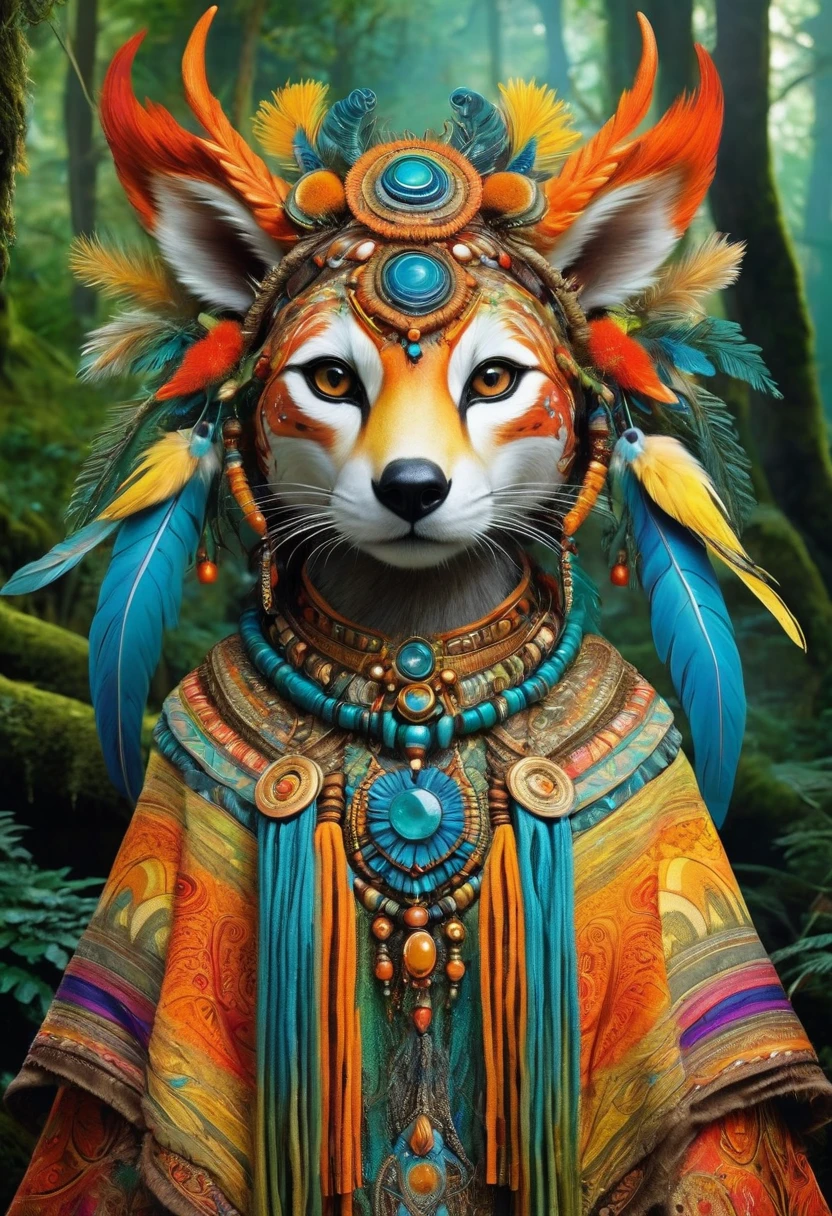 Create an image of a mystical creature that resembles a humanoid animal, draped in heavy, richly decorated garments. Its head should feature a distinct combination of animalistic and human facial elements, and its eyes should glow with a warm, enchanting light. The overall palette should be dynamic, with vibrant colors especially accentuated in the figure's attire and facial features. The background should be a blurry array of natural hues, suggesting a traditional woodland setting.