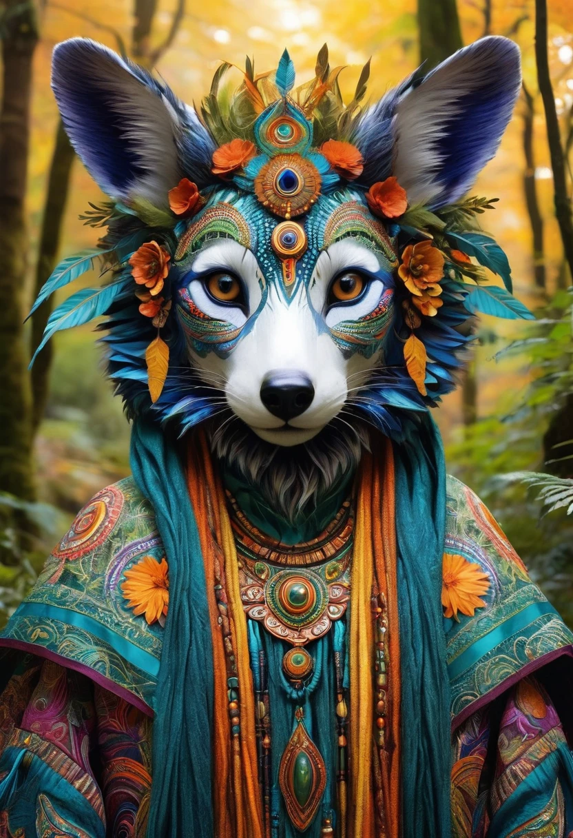 Create an image of a mystical creature that resembles a humanoid animal, draped in heavy, richly decorated garments. Its head should feature a distinct combination of animalistic and human facial elements, and its eyes should glow with a warm, enchanting light. The overall palette should be dynamic, with vibrant colors especially accentuated in the figure's attire and facial features. The background should be a blurry array of natural hues, suggesting a traditional woodland setting.