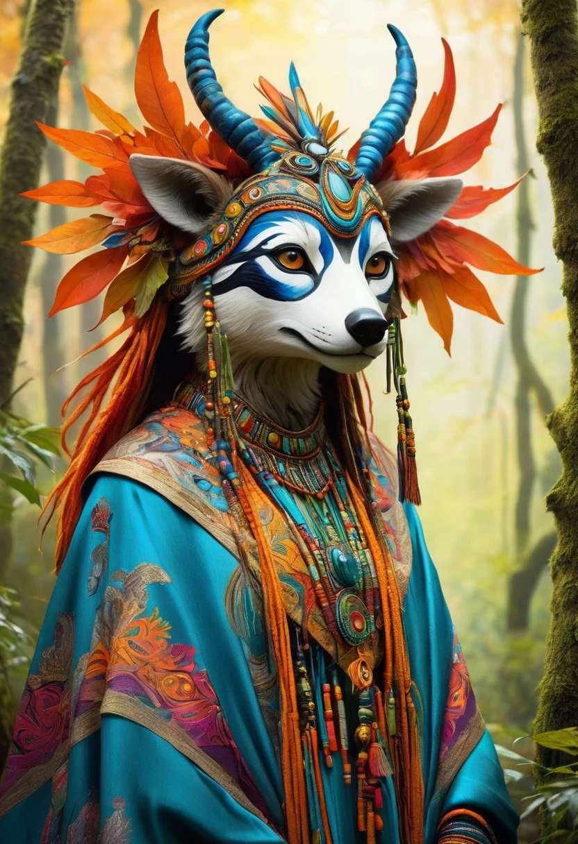 Create an image of a mystical creature that resembles a humanoid animal, draped in heavy, richly decorated garments. Its head should feature a distinct combination of animalistic and human facial elements, and its eyes should glow with a warm, enchanting light. The overall palette should be dynamic, with vibrant colors especially accentuated in the figure's attire and facial features. The background should be a blurry array of natural hues, suggesting a traditional woodland setting.