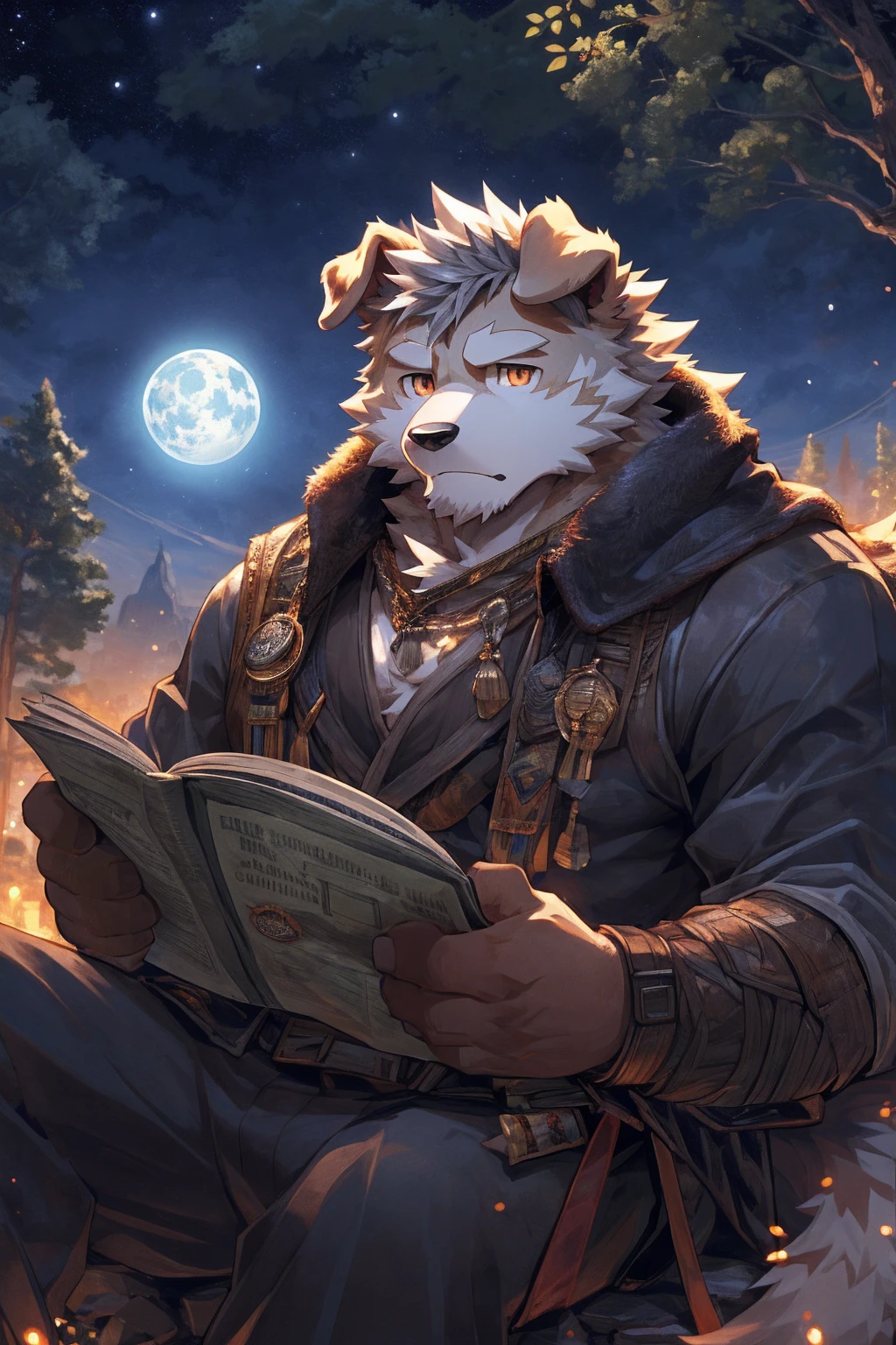 human nature, Wildlife, male,36 years old,Uncle, solitary, ((Round Face, The face is plump,Orange eyes,Thick grey hair,Little furry ears,Fluffy tail)), ((Endomorph, Handsome的,)), (Casual Clothing,White shirt), ((domestic white dog, Dog Orc,) Fluffy fur, Fluffy), Bokeh, (high quality, high resolution, masterpiece), (Dynamic Lighting, Vibrant colors,Natural fill light), (Revitalize,Handsome,tired), Full body picture (close up), cartoon, author:Takemoto Arashi, From zixiong, By Chunni, author:Empty Ghost,moonlight,Reading newspaper quietly at night,符合中年Uncle的房间,Sit under a big tree,明亮的moonlight,Quiet wilderness at night,Nostalgia for the past(background:A big tree in a city park,There are some bushes and rocks)