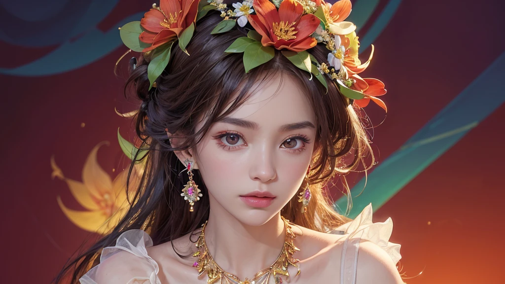32K, 最高quality, 最高masterpiece, (ultra-Detailed Background, Detailed Background), High resolution, Super detailed, Very detailedな, One girl, (bouquet:1.3), (Tangled:1.2), (Geometric:1.2),(colorful),(masterpiece, quality, best quality, Official Art, Beautiful and beautiful:1.2), (1 girl:1.3), Very detailed,(colorful:1.1)(Flowers:1.3),Most detailed,(Tangled:1.2), whole body, (Abstract background:1.3), (Skin glows), (Many colors:1.4), ,(Earrings Jewelry:1.5), Pale Red Background,