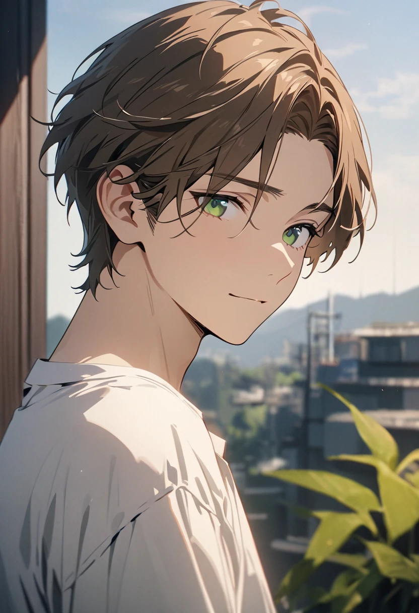 male, Brown Hair, short hair, alone, Green Eyes, good looking, Beautiful background, Calm face, Parted bangs, White shirt, リアルでHigh resolution (Highest quality, 4K, 8k, High resolution, masterpiece:1.2)