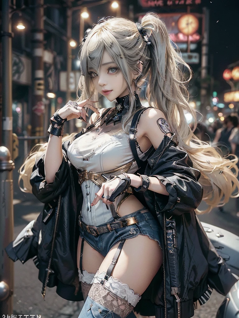 (Full Body View:1.2)、(Side view:1.2)、(Smiling with teeth showing:1.3),(Shibuya Gal:1.5)、(Beautiful:1.4)、(gothic  fashion:1.5)、(Punk RockVisual Kei:1.3)、(Futuristic baby doll in black, white and denim:1.5)、(A delicate jacket in beige, white and navy:1.5)、(Denim garter belt:1.5)、(Denim and black and white bodysuit:1.4)、(Heart-shaped silver accessories:1.5)、(Brown Skin Belt:1.4)、(Blue High Heels:1.4)、(Lace patterned underwear:1.4)、28 years old、NSFW,((Highest quality、In 8K、masterpiece:1.3))、Sharp focus:1.2、(Layered Cut、Beautiful boobs:1.1),Beautiful woman with perfect figure:1.4、(Doing an aerobics pose:1.3)、Slender Abs:1.2、Butt、Highly detailed face and skin texture、Detailed eyes、double eyelid,(Twin tails:1.3)、(Light gold colored hair:1.3)、(Black brown eyes:1.3)、Obscene、Gravure idol、(Luxurious amusement park at night:1.3)、(Make your legs thinner:1.4)、(Thin thighs:1.4)、(Slim Body:1.3)、(clavicle:1.1)