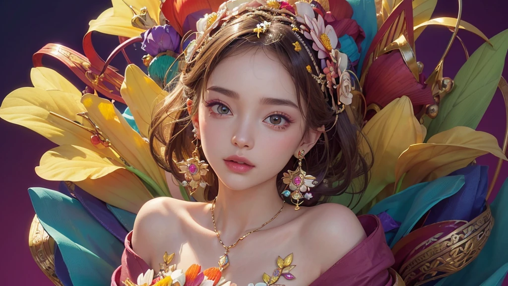 32K, 最高quality, 最高masterpiece, (ultra-Detailed Background, Detailed Background), High resolution, Super detailed, Very detailedな, One girl, (bouquet:1.3), (Tangled:1.2), (Geometric:1.2),(colorful),(masterpiece, quality, best quality, Official Art, Beautiful and beautiful:1.2), (1 girl:1.3), Very detailed,(colorful:1.1)(Flowers:1.3),Most detailed,(Tangled:1.2), whole body, (Abstract background:1.3), (Skin glows), (Many colors:1.4), ,(Earrings Jewelry:1.5), Pale Red Background,