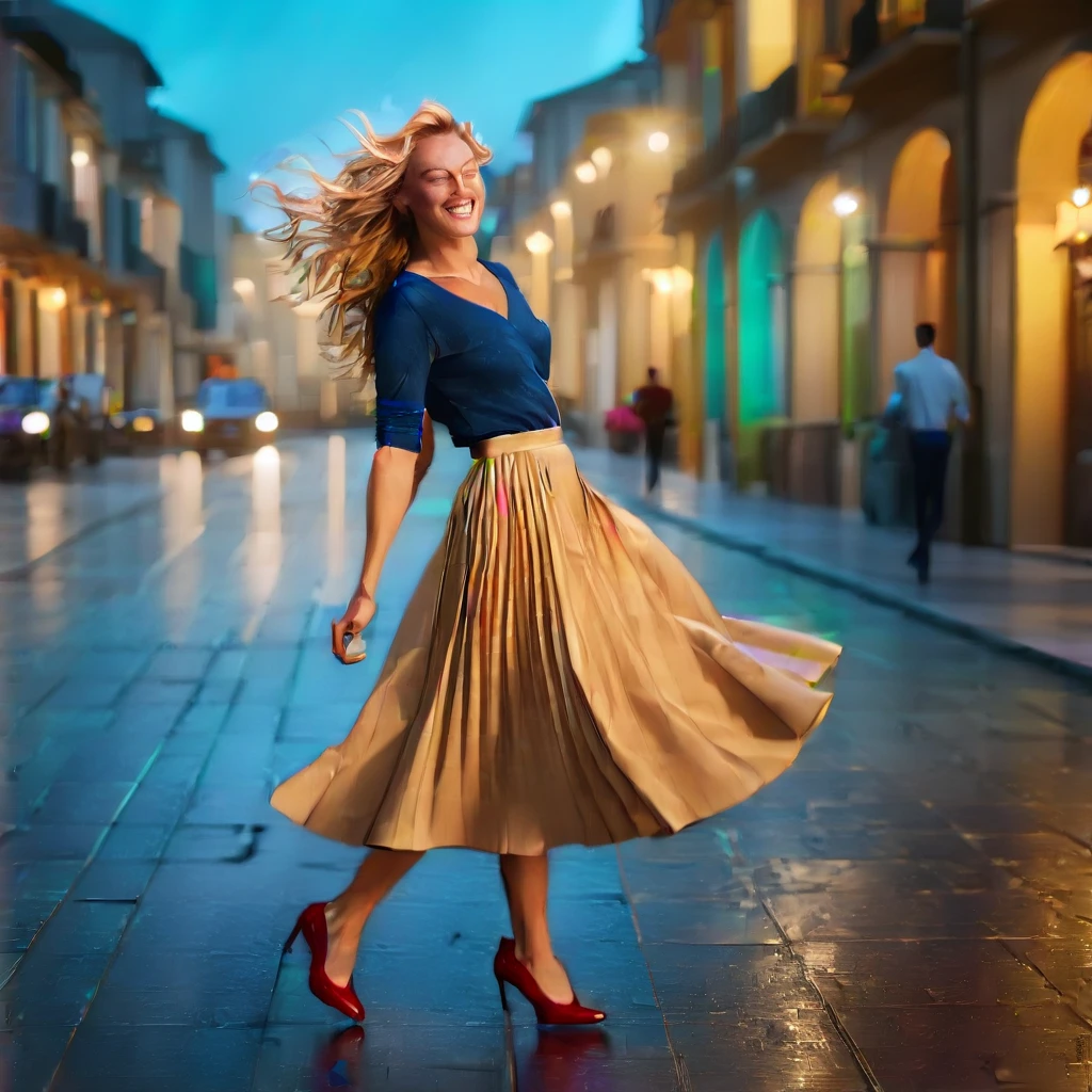 (authentic:1,1) (shy:0,9) (smiling:0,4) blondy woman passionately in love with her skirt , wearing (long (pleated) full circle skirt beige) and (low heeled office shoes), very intricate hyper-detailed symmetric (attractive graceful feminine face) with (sad, tired eyes and shy smile), large , full of empathy and compassion and love, (pronounced (feminine) features), (highly detailed ultra accurate realistic) hands and fingers, (windy conditions and wind blowing), long hair, epic composition, highly detailed attributes, extremely high quality RAW photograph, true romantic love, high-angle shot, cinematic shot, dynamic lighting, 75mm, Technicolor, Panavision, cinemascope, sharp focus, fine details, 8k, HDR, realism, realistic, key visual, film still, superb cinematic color grading, depth of field