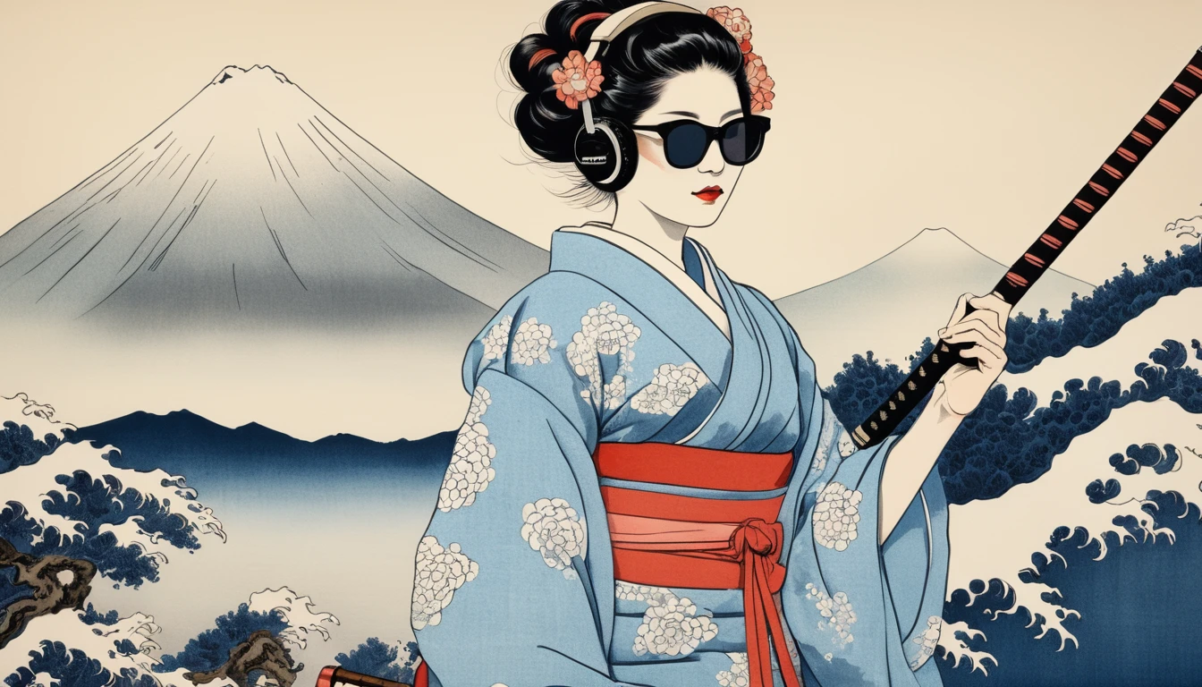 A woman in a gorgeous kimono, Light colored sunglasses, Katsushika Hokusai, Ink Painting, Japanese style headphones, Holding a Japanese sword in one's mouth, Modern ukiyo-e style