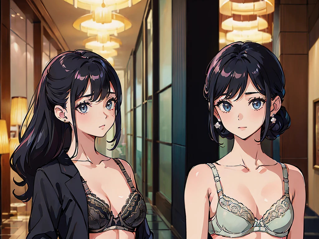 (show bra:1.8),(Neat women in formal wear in the hotel lobby.:1.3) They are wearing pearl necklaces and earrings. They carry small black bags.beautiful eyes.One female voice is wearing a party dress revealing her shoulders.Beautiful face. Small but beautiful breast shape. A little cleavage is visible.There are a lot of people around.Dresses in different colours and shapes.,asian girl
