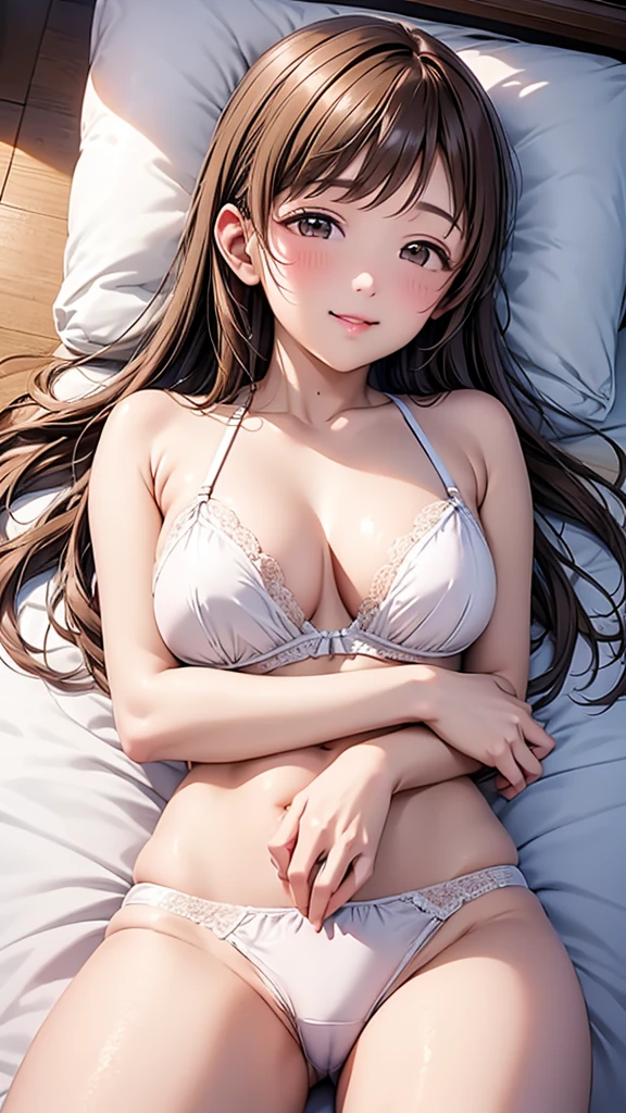 Highest quality、high resolution、High definition、HD、((A luxury hotel room、Indirect lighting、Late Night))、(Nitta Minami、Long Hair、Medium chest、Brown Hair、Brown eyes、Glossy lips、Glowing Skin、Realistic skin texture、((In underwear、A neat silk bra、Silky clean panties)))、Staring at me、Love me、blush、(smile、Arms folded behind back)、(Very close to me、Top view)