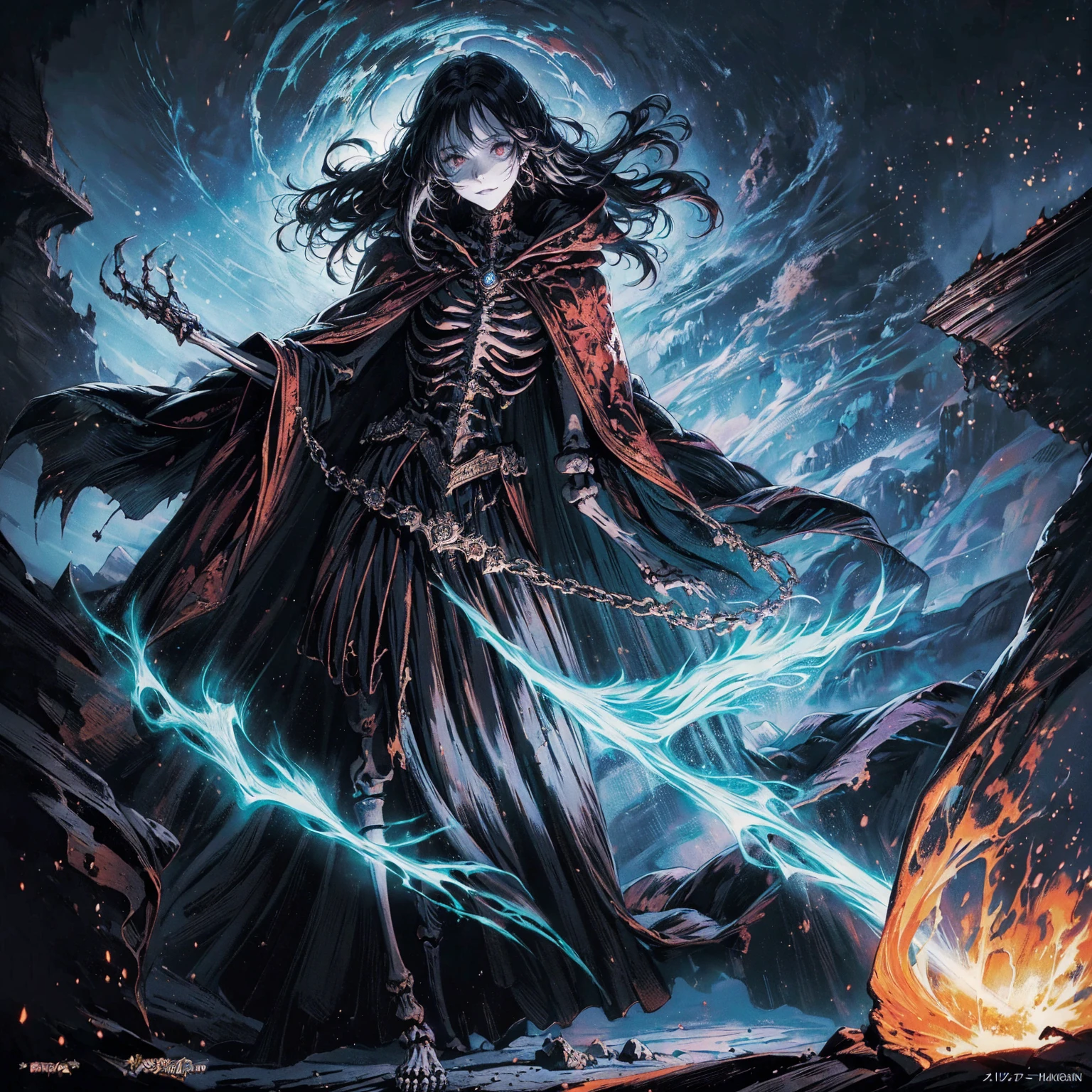 (full body shot:1.5), (Wide-angle lens:1.2), (black hair:1.5), best quality, 4K, high resolution, (masterpiece:1.2), Very detailed, (current:1.37), (Anatomically correct:1.2), Mood lighting, Undead girl in a long cloak, (Torso and limb is skeleton bone but head is still beautiful human face:1.2), Wearing a tattered gothic skirt, A sense of alienation, Dangerous sneer, Smiling and crying, Dark Force (StarWar), Force lightning radiates from fingertips, Facing the camera, Pitch black sky, Blood red moon, strange atmosphere, Gothic style, Unforgettable beauty, Dramatic shadows, Ethereal Light, Mysterious atmosphere, Resurrection from the grave, The Black Magic, Dead, Anime characters with black hair, Detailed cover design, Anime epic artwork, detailed key anime art, Be focused, dark fantasy artwork, Anime Fantasy Artwork, Official artwork with high detail, Dark Witch Panorama, Lich Vecna (d&d)