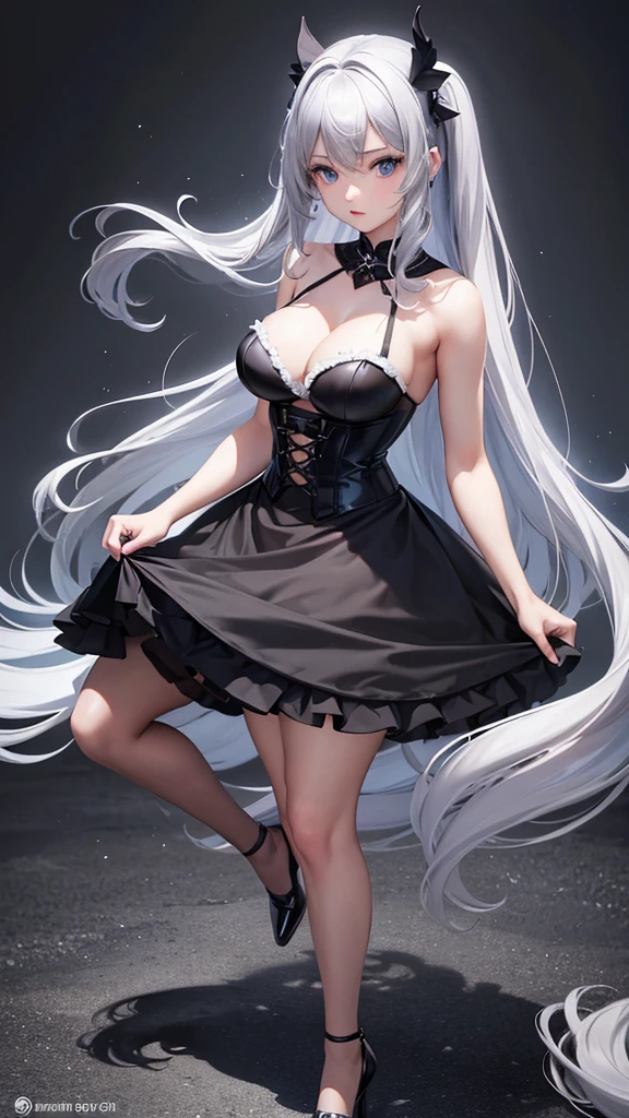 Highest quality, masterpiece,Gray Hair, blue eyes, Gorgeous Background,One girl, Flowing Hair、Black bustier、Black tight skirt、Red Heels、Plump body