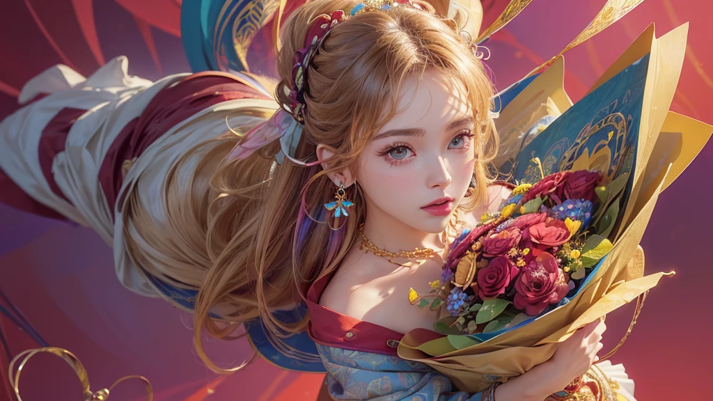 32K, 最高quality, 最高masterpiece, (ultra-Detailed Background, Detailed Background), High resolution, Super detailed, Very detailedな, One girl, (bouquet:1.3), (Tangled:1.2), (Geometric:1.2),(colorful),(masterpiece, quality, best quality, Official Art, Beautiful and beautiful:1.2), (1 girl:1.3), Very detailed,(colorful:1.1)(Flowers:1.3),Most detailed,(Tangled:1.2), whole body, (Abstract background:1.3), (Skin glows), (Many colors:1.4), ,(Earrings Jewelry:1.5), Pale Red Background,