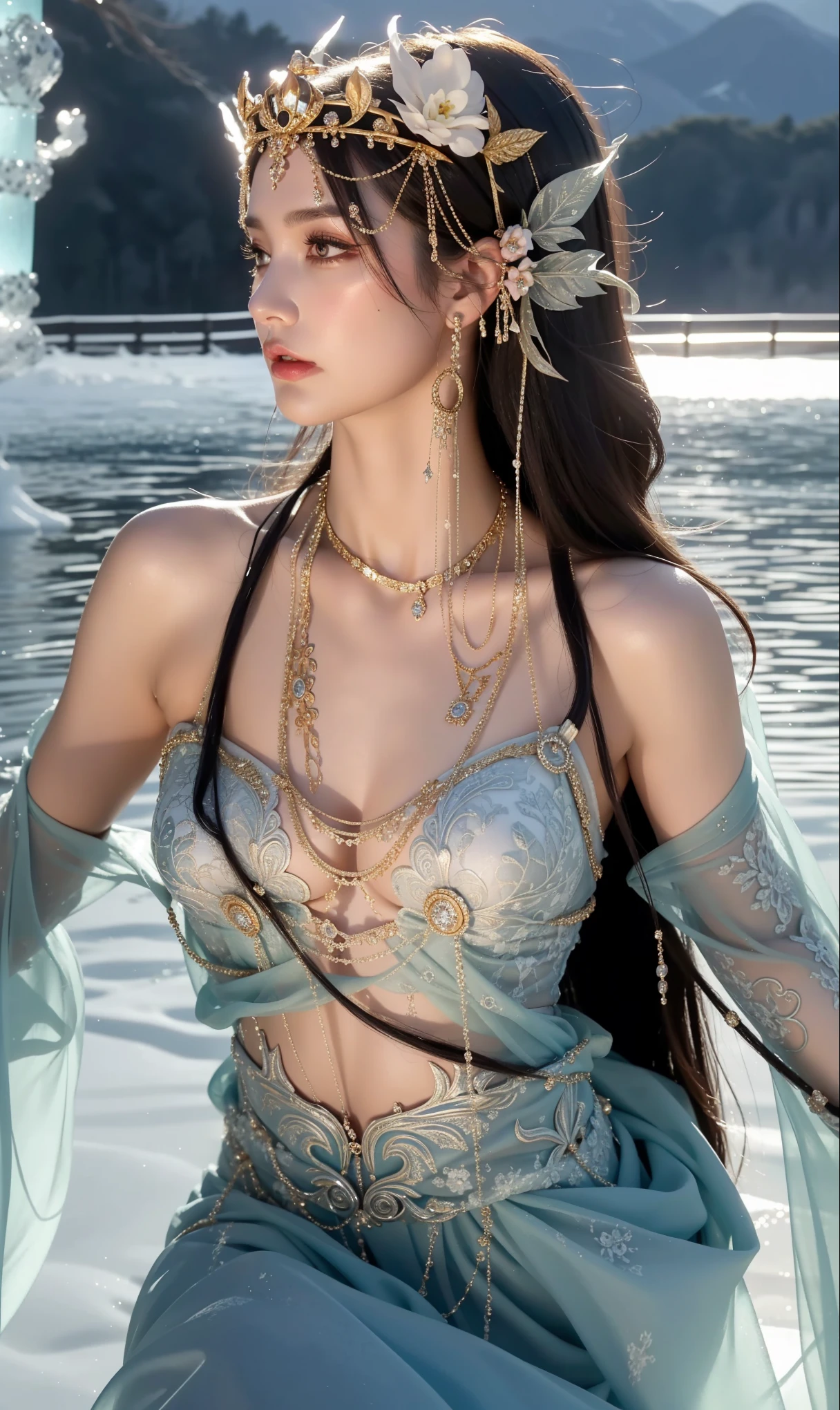 Royal sisters，Exquisite eyes，Frozen Queen，Put the crown on your head，Detailed facial expressions body，Tall and big，Glamorous characters，Leg length，4K，HD，Sensual，White translucent lace，白皙full image，Little cherry mouth，Beautiful and lovely，full image，Glossy Gel Coat，Vampire Queen in luxurious robes，Have a tattoo(Intricate tattoo designs)，Ice Princess，Rich facial details，Gold diamonds，Luxurious and exquisite jewelry