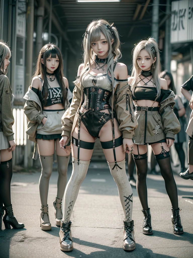 (Five Girls, 5 girls:1.5)、(Full Body View:1.2)、(Smiling with teeth showing:1.3),(Shibuya Gal:1.5)、(Beautiful gravure model:1.5)、(Neo-goth fashion:1.5)、(Punk RockVisual Kei:1.5)、(An off-the-shoulder hoodie in olive and beige colors, adorned with delicate silver accessories.:1.5)、(Beige and white corset with delicate design:1.4)、(Olive and white snakeskin bodysuit:1.5)、(head band:1.3)、(Beige and olive knee socks:1.4)、Embellished collar and long boots、(I'm selling snake print underwear.:1.4)、(Long eyelashes:1.3)、(20-year-old)、((Highest quality、8k、masterpiece:1.3))、Slim and beautiful abs:1.3、(hairstyle casual、Beautiful boobs:1.1)、(Doing an aerobics pose:1.3)、dress:1.1、Super small face、Narrow eyes、double eyelid、A sloppy smile、Esbian all over body、Dynamic Angle、Close-up、CPL Filter、Blurred Background、Bokeh、Blue Hour、Detailed face and skin texture、Detailed eyes、,(Twin tails:1.3)、(Black brown hair:1.3)、Gravure idol、(The background is a bright and glamorous fashion show stage.:1.3)、(Make your legs thinner:1.4)、(Slim Body:1.3)、(clavicle:1.1)