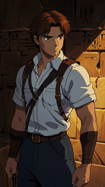 (a man as t3mu1), (extremely detailed CG unit 8k wallpaper),(master part), (best quality), (ultra detail), (best illustration),(ghibli style), cowboy shot,(Sharp eyeliner, ombre, detailed eyes:1),Dark Egyptian tomb interiors background,break,upper body,short hair,dark brown hair