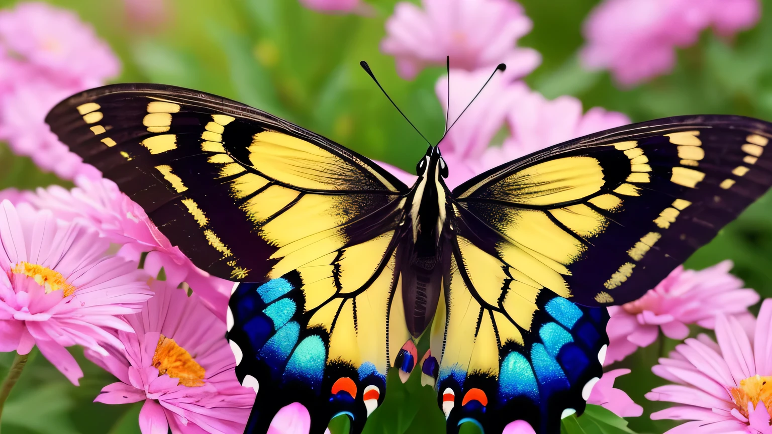 As a thumbnail for a YouTube video「The spiritual meaning and message of the swallowtail butterfly!5 Important Signs for You」A visually appealing image with the title。In the background、Beautiful natural scenery and flower fields are arranged、A vibrant image of a swallowtail butterfly in the center。Center text「The spiritual meaning and message of the swallowtail butterfly!」is bold and bright、Place it prominently、Underneath「5 Important Signs for You」Place it a little smaller.。Place butterflies and spiritual symbols in the bottom right corner.、Highlight a theme。The overall design is eye-catching、Create a spiritual atmosphere with the beauty of swallowtail butterflies。