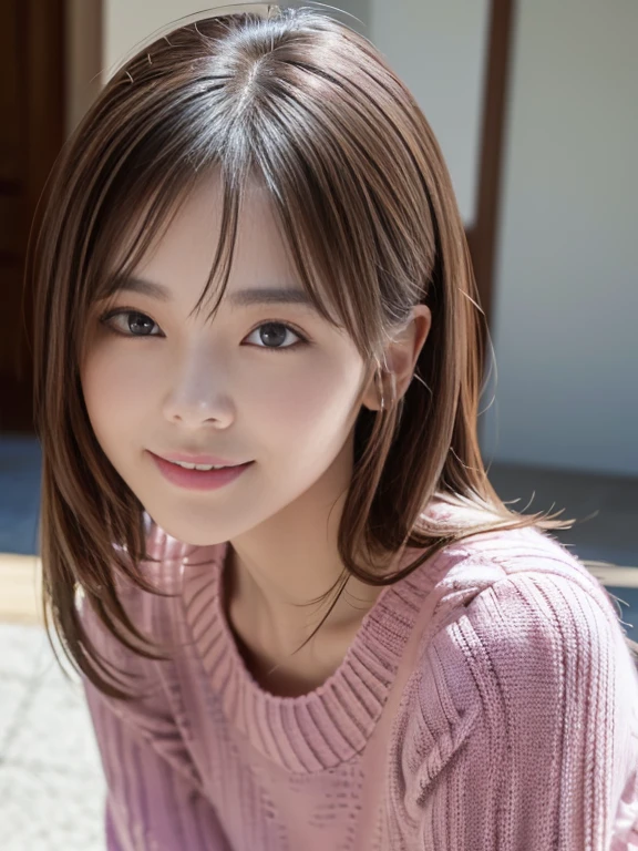(masterpiece, Highest quality, Very detailed, Best Shadow:1.2), High resolution, ((Cinematic Light)), Hyper Detail, Dramatic Light, Intricate details, Dynamic Angle, (Very detailed CG ユニティ 8k 壁紙:1.2), Shyness, ((masterpiece)), (Very detailed), (Very detailedUnity 8k壁紙), (Realistic Skin), (Realistic photos, Realistic, Photorealistic), Beautiful Japanese Women, Narrow Face, (Pink knit dress:1.4), Beautiful Hair,Brown Hair, Medium Hair,Beautiful Face, Delicate and beautiful eyes, smile,Beautiful feet, See through,Low angle shot