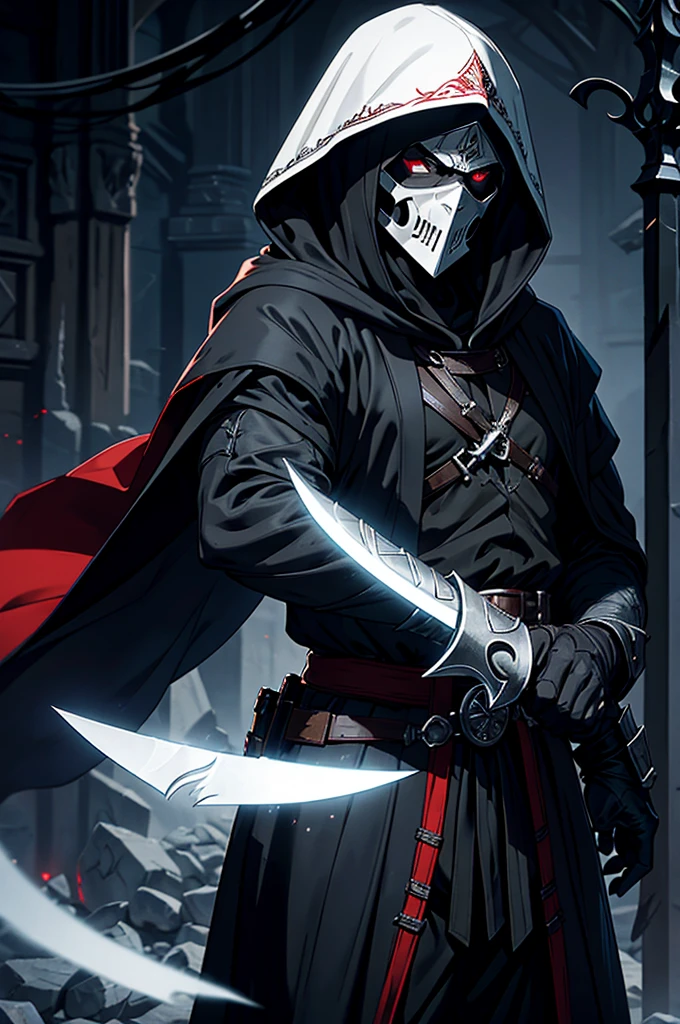An assassin, male, fantasy character, physically strong, wearing a skull mask covering his face and eyes, dressed in black medieval attire, with a white hooded cloak over it, gray hair, short hair, red eyes, holding a dagger, nighttime background.