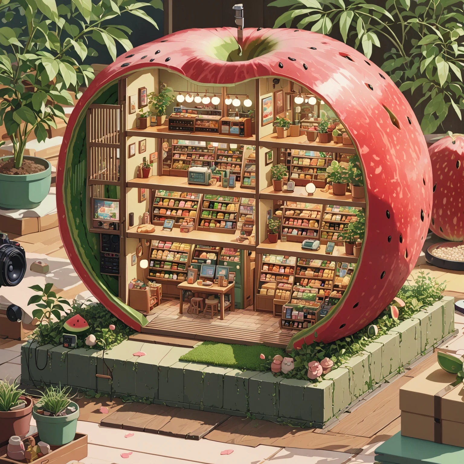 Watermelon shape，Environment in deep forest，((Japanese cartoons:1.4,illustration)),(masterpiece, Top quality, best quality),(Extremely detailed, Absolute resolution),((16K, high resolution)), (((Watermelon shape，A miniature model of a large bread shop inside a watermelon, Rich in details, microscopic photo, Photorealism)) ((cosy lofi illustration:1.4)), ((Japanese cartoons:1.4, illustration)),(masterpiece, Top quality, best quality),(Extremely detailed, Absolute resolution),((16K, high resolution)) rest {lofi style, Laurie Greesley&#39;s Style, Makoto Shinkai&#39;s style, Japanese cartoons aesthetic}, rest { (Generates images containing over 40 million pixels of information，Textures with Sony DSLR-like details).}