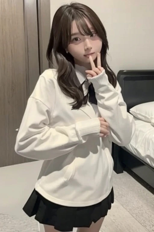 Gravure idol pose　Hotel　bed　uniform　White clothes　high resolution　Not too small bust　Black Mini Skirt　Shorten your skirt. Height 153cm