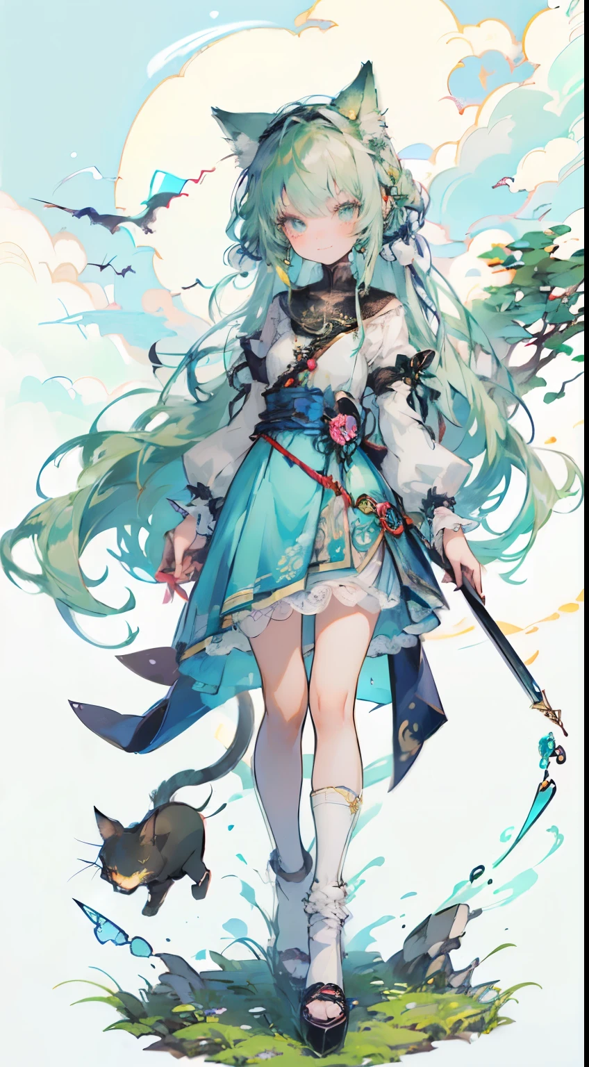 ((Tabletop, Highest quality: 1.1), ((Anime girl in a blue dress holding a magic wand)), Art Nouveau、メイド服を着たアニメのCat girl, , ((Green hairs))、Long-haired、((Shining jewel-like eyes Long eyelashes Transparency))、Very Beautiful Anime Cat girl, アニメCat girl, ((White knee-high socks)), 魅力的なCat girl, Works influenced by Leiko Ikemura, Takano Aya color style, in ryuuou no oshigoto art style, Cat girl, Favorite character, rei hiroe、With a smile