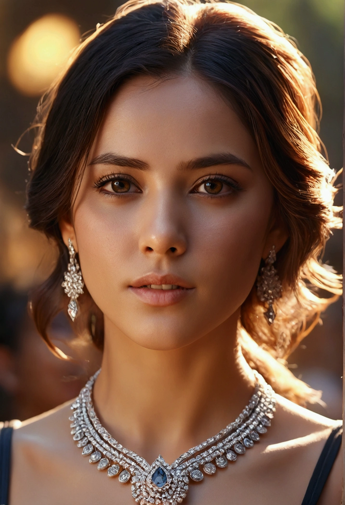 An ultra realistic portrait of a very beautiful woman in sleevless deep cut top ,hyper detail, cinematic lighting, 4k, 8k, ultra realistic, high resolution, ultra hd, super realistic, sharp, good quality, Movie like, attractive, glowing, cute, sizzling, charming, jwellery, necklace, forehead jwellery, sunlight, sparks, glossy, dust particles , 3D look, sunshine, feathers, HD, flowers,Glowing hair, fireflies,blur background, temple, crowds, butterflies, glossy eyes