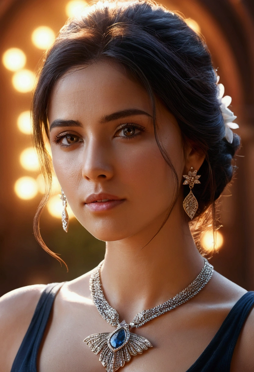 An ultra realistic portrait of a very beautiful woman in sleevless deep cut top ,hyper detail, cinematic lighting, 4k, 8k, ultra realistic, high resolution, ultra hd, super realistic, sharp, good quality, Movie like, attractive, glowing, cute, sizzling, charming, jwellery, necklace, forehead jwellery, sunlight, sparks, glossy, dust particles , 3D look, sunshine, feathers, HD, flowers,Glowing hair, fireflies,blur background, temple, crowds, butterflies, glossy eyes