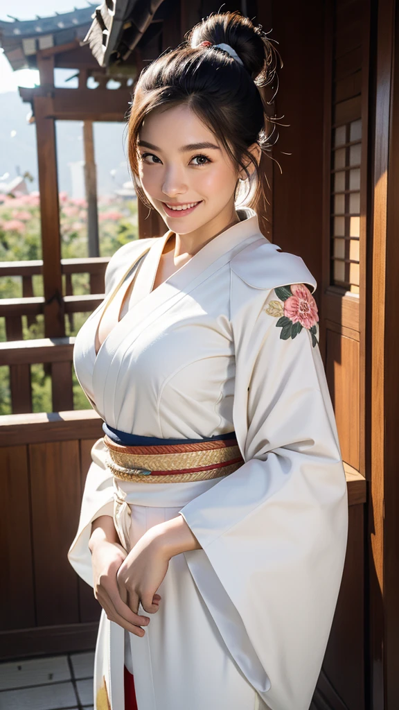 cross arms in front(1:3), messy bun,Highest quality,master piece,incredibly absurdres,high resolution,lens flare,dynamic angle,a girl, one girl,solo focus,alone,full body,perfect anatomy,8k,a girl, one girl,solo focus,alone,Japanese women,Age 25,smile,teeth,smile,Beautiful eyes,Model-like style,,Large Breasts,valley,wearing a white long-sleeved kimono,furisode,The temple has a beautiful natural background,a girl
