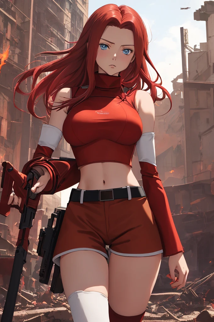 masterpiece, best quality, highly detailed, highres, hdr,
code geass, 1girl, solo, kallen stadtfeld,holding weapon, gun, holding gun,
bare shoulders, midriff, (((brown sleeveless turtleneck))), red thighhighs, (((brown shorts))), red shirt, ((white detached sleeves)), clothing cutout, zettai ryouiki, white belt, red legwear,
blue eyes, large breasts, red hair, Long Straight Hair ,
cowboy shot, intense angle,
mksks style, beautiful background, detailed background, professional lightning, post-apocalypse, buildings, burning, fire, light particles,
