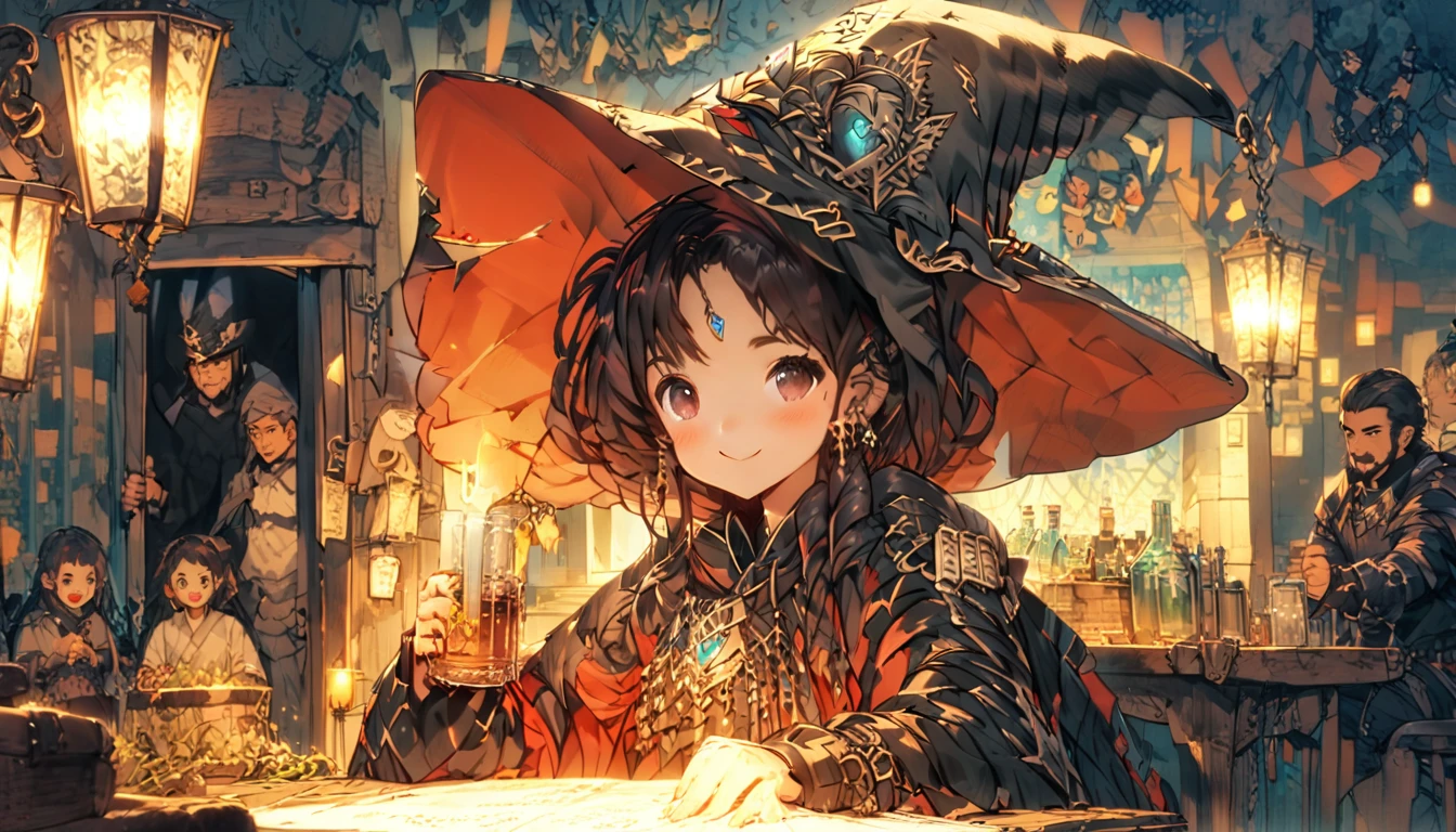 8k, high quality, The theme is medieval magic RPG. The settings view is、The whole izakaya and the people there々々It was taken from a distance、, The setting is an old wooden izakaya, The greatest of the Middle Ages.、Inspired by magical RPGs、Painted in every detail, The furniture is antique, The walls are made of wood、There are candles lighting up the view、There are also some windows, The floor is wooden.., There are a lot of people (maleと女, wearing costumes of Wizard knight pirate thief monk cleric and other magical role-playing classes, Appear on the scene, Woman in short dress) They are sitting on chairs at tables around the venue drinking.. (Beer and red wine mugs) and laugh, There are a lot of people (over 10 maleと女, wearing costumes of Wizard knight pirate thief monk cleric and other magical role-playing classes, Enter the scene, Woman in short dress) drinking beer and laugh and partying together with a man (focus of the scene, male, Wizard, 31 years old, Muscular, Hairless, length, pointed Wizard's hat , wearing magical role-playing Wizard clothes, length黒ひげ, Freckled white skin, Handsome smiling face, In his left hand he holds a 3 liter mug of red wine., Whole-body vision). The atmosphere on the scene is full of joy., Celebrations and festivities..