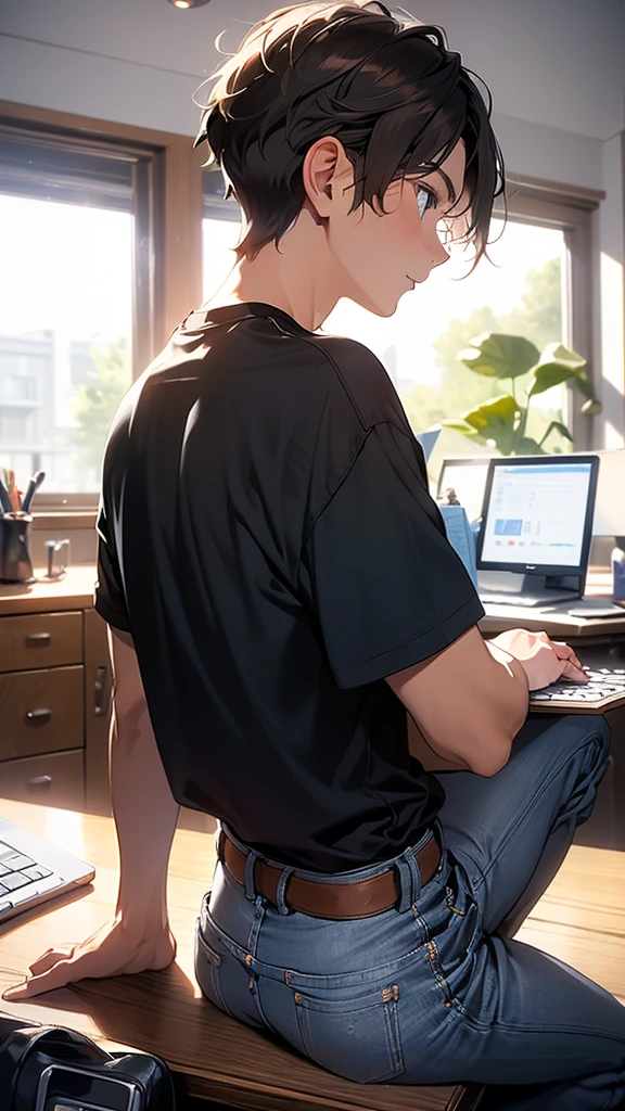 (artistry, best qualityer, ultradetailed, high resolution, 4K),(beautiful detailed eyes),(very highly detailed face),( profile face )(ung boy),HDR, A beautiful 16 year old boy, brown colored hair, brown colored eyes, wearing a black t-shirt and blue jeans, in your room, sitting on the chair, at your desk near a window, typing on your computer keyboard, looking at the computer screen., profile view.