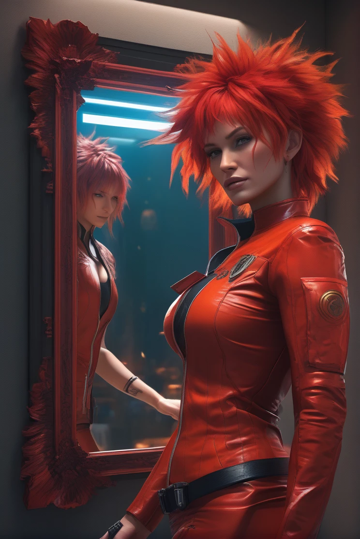 atmosphere oleosa sombria Artwork By Jesper Ejsing Looking into the mirror of truth Detailed cyber Lion punk girl sexy DBZ Cameron Diaz Naruto fênix Carne Griffiths Michael Garmash, seb McKinnon, masterpiece", red withe latex art, in 4D lighting, 8k concept art; ; trending on artstation; deep color; ink drawing; In Futuristic Ultra Detailed , fear Background, Highly Detailed, in buraco negro Scale Like Skin, Daz 3d, Unity, Unreal Engine 5