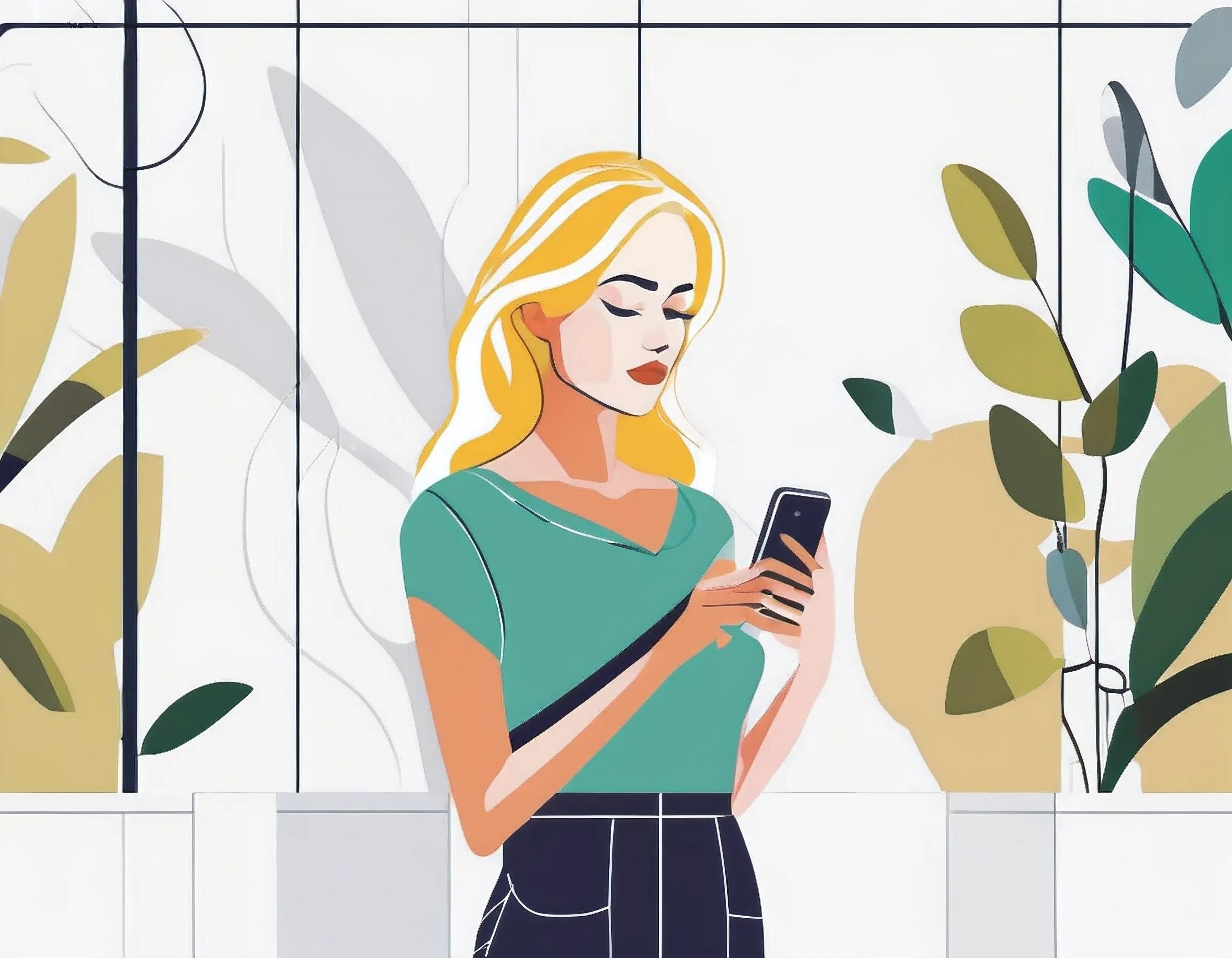 flat illustration of a woman holding her phone and looking into it, white background, full height, blonde,
    It is relatively Modern and uses digitally friendly aesthetics.
    Minimalistic nature,
effectively uses white space,
    Uses 2D elements,
    Use bright colors with high contrasts,
    Use grid-based layouts
