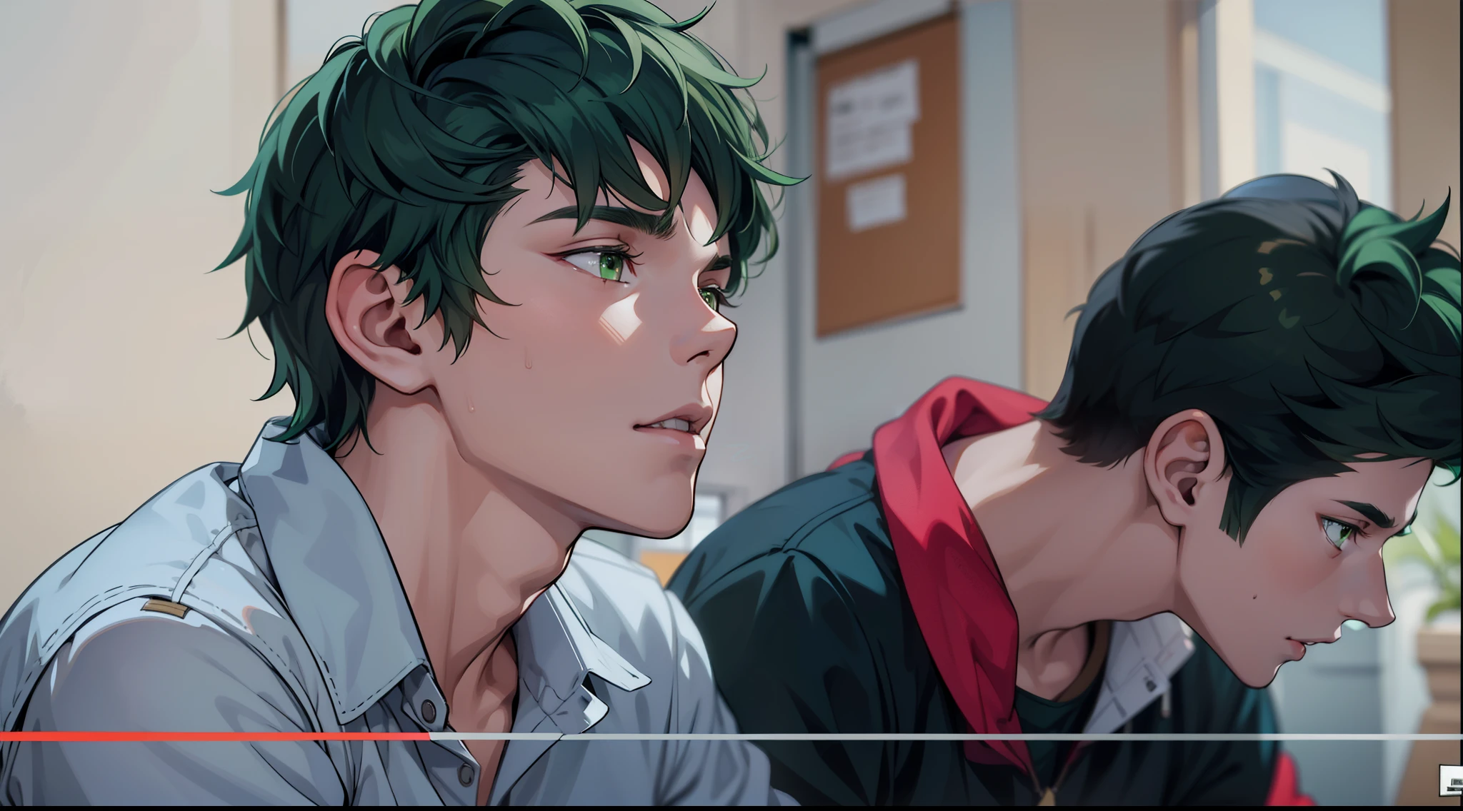 There are two young men, one with green hair and green eyes, they are ************, they are at school, someone looks thoughtful, worried.