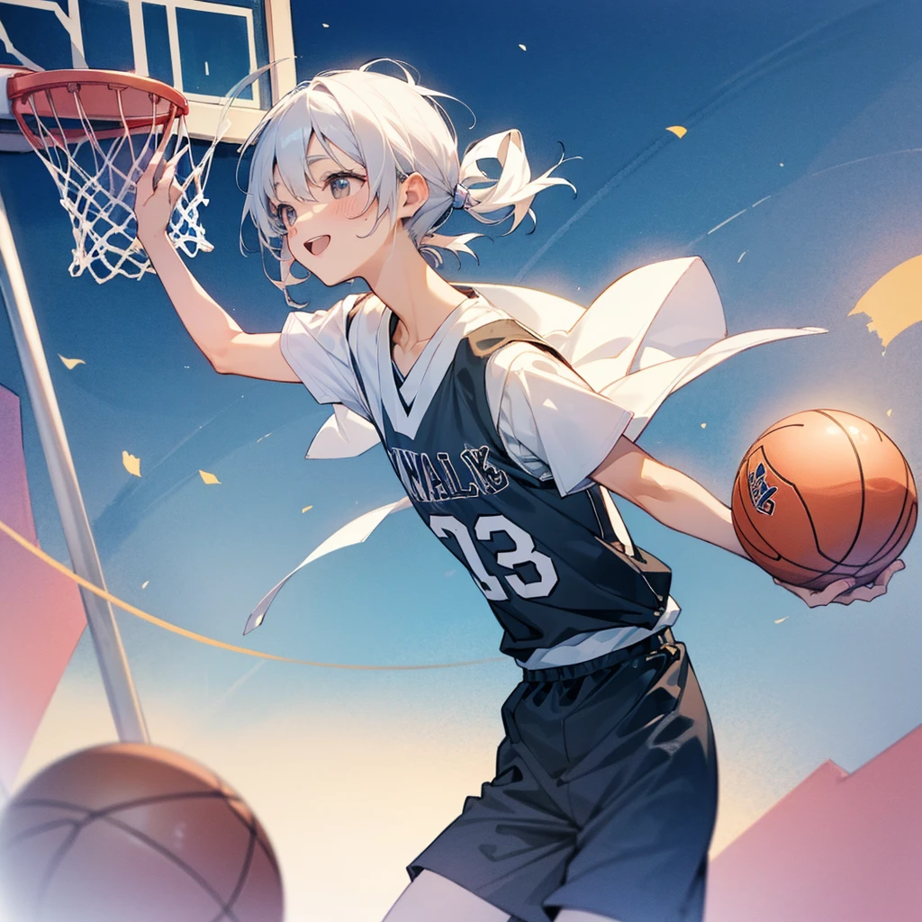 The joy of scoring a basketball goal、I aim to create a watercolor style with pastel colors.。Players&#39; expressions and movementake the surroundings cute、Draw with a fluffy atmosphere
