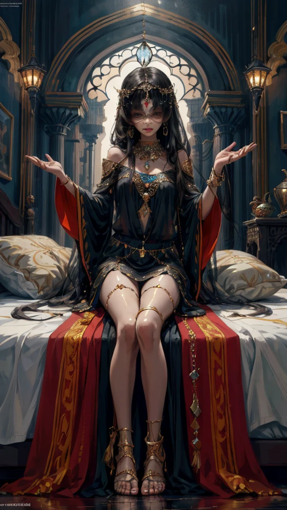 sick girl,Beautiful Middle Eastern folk costumes, 5 years old,girl sitting on bed in dark room,long bangs that cover the eyes,Long,A dark-haired,deadpan,jewellery,outside of house,hair adornments,Pendants,jewely,Full body painting,gypsy,Brown-skinned,Open both legs,reaching out her hand,,