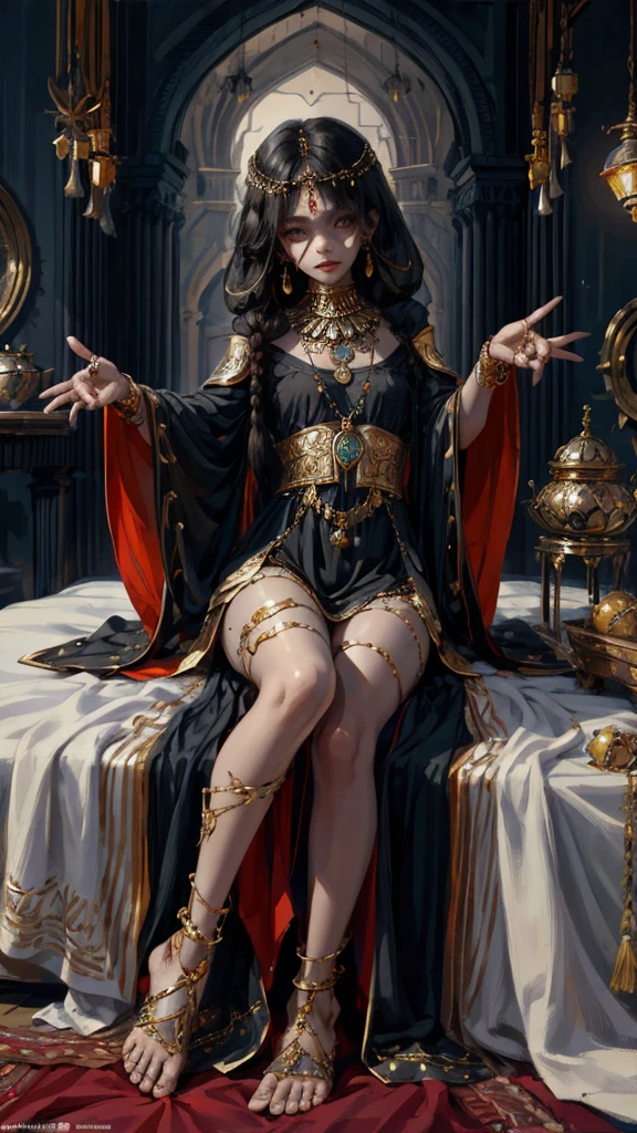 sick girl,Beautiful Middle Eastern folk costumes, ,girl sitting on bed in dark room,long bangs that cover the eyes,Long,A dark-haired,deadpan,jewellery,outside of house,hair adornments,Pendants,jewely,Full body painting,gypsy,Brown-skinned,Open both legs,reaching out her hand,,