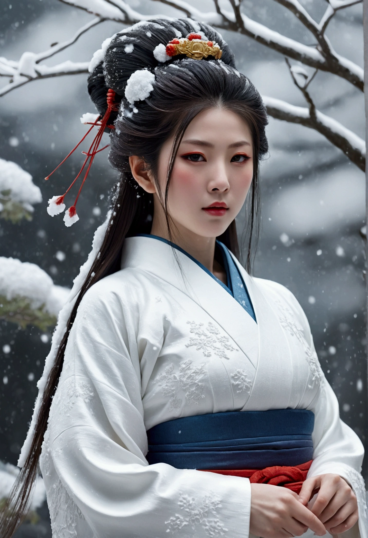 Japanese mythology, Make a Snow Woman, 4K, Ultra-realism, Cinematic, White kimono, Long Hair,Background snow